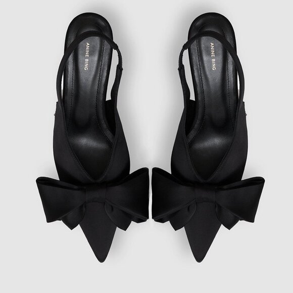 ANINE BING Nina Heels With Bow in Black Satin kitten heel slingback pointed toe - Picture 10 of 11